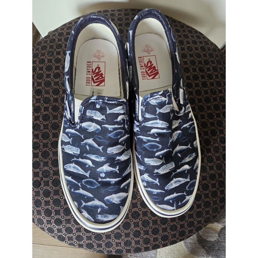 Todd Snyder X VANS Navy NAUTICAL Whales Fish Sneaker Slip-On Shoes Sz 7/8.5 EUC